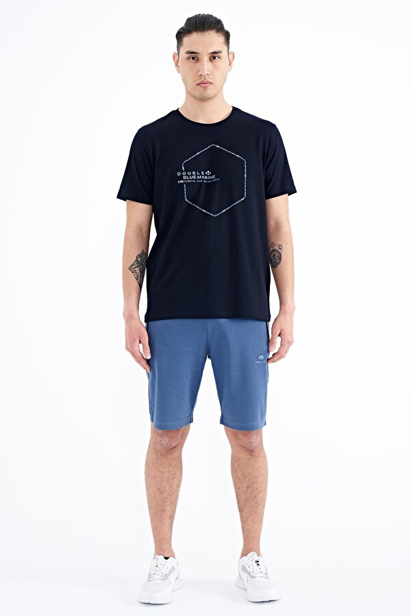 Tommy Life Lacivert Yazı Geometri Basklı Standart Kalıp Erkek T-Shirt - 88198 IV10423