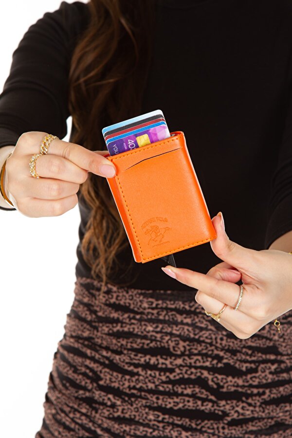 Newish Polo Adelina Turuncu Nova Deri Mekanizmalı Otomatik Kızaklı Kartlık Cüzdan