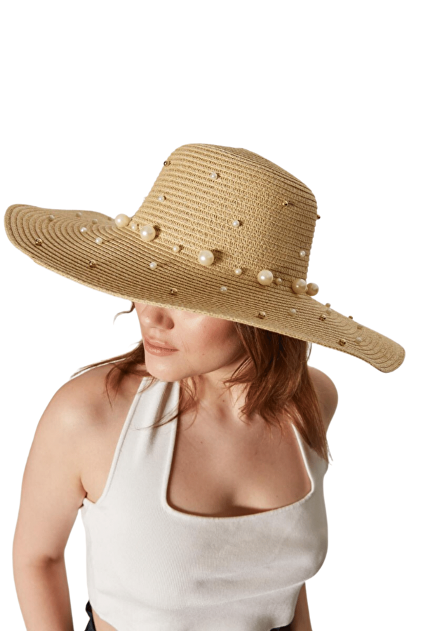 Butik Buruç Kadın Açık Bej Üzeri İncili Beyaz Geniş Hasır Şapka