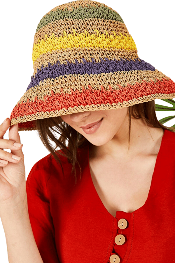 Butik Buruç Kadın Vizon Rengi Örgülü Hasır Şapka