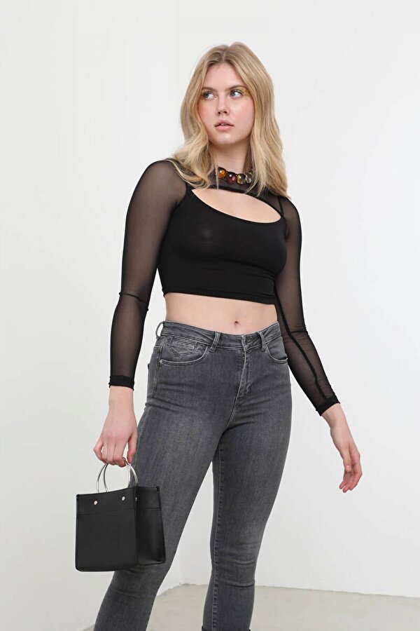 Markapia Woman Transparan Tül Detaylı Crop Top Siyah