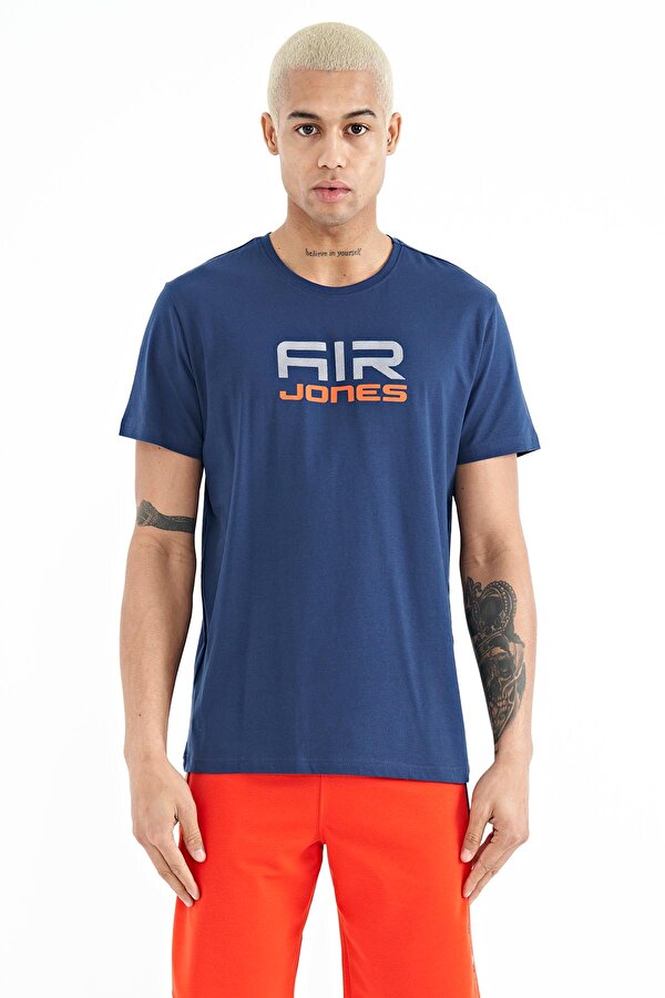 Tommy Life İndigo Yazı Baskı Detaylı O Yaka Standart Kalıp Erkek T-Shirt - 88207