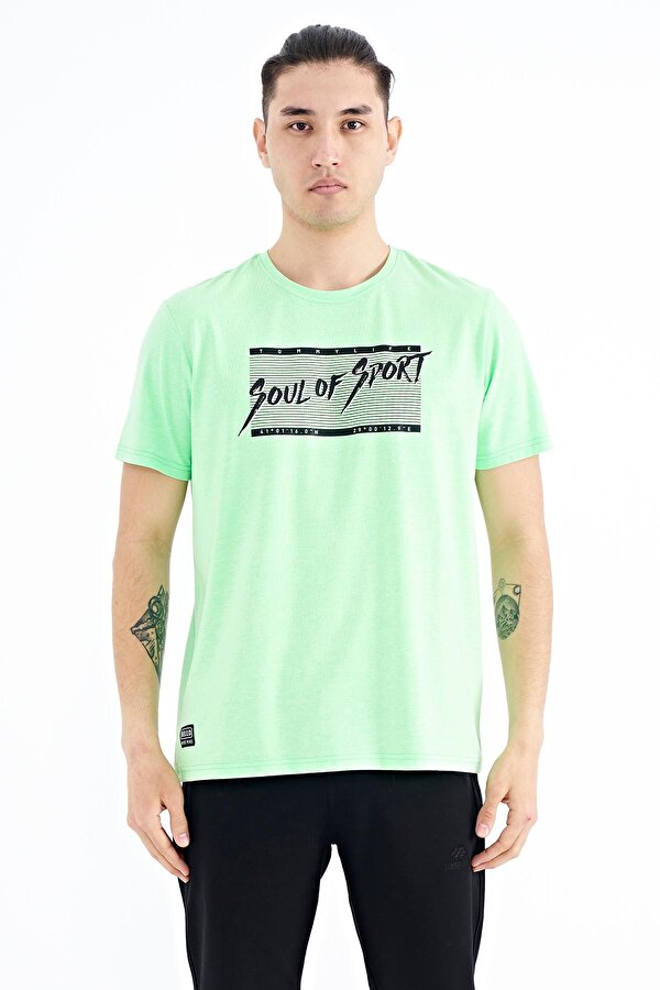 Tommy Life Neon Yeşil Yazı Desen Baskılı Standart Kalıp O Yaka Erkek T-Shirt - 88172
