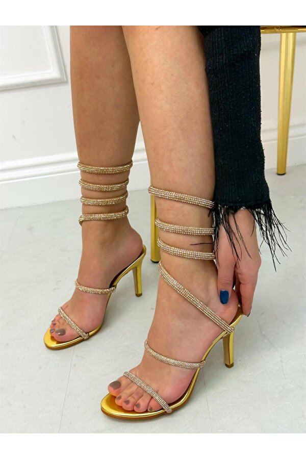 Ervanın Butiği Altın Cilt (Sydney) Taş Detay Bilek Bağlamalı Kadın Topuklu Sandalet