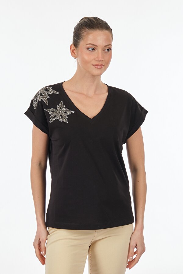 Unique Mode V Yaka Düşük Kol Siyah Kadın T-Shirt US232015