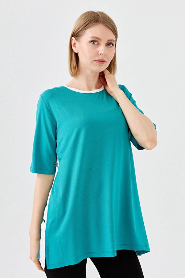 Desen Triko Kadın Sıfır Yaka Penye T-Shirt 23780 Yeşil