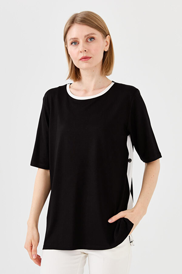 Desen Triko Kadın Sıfır Yaka Penye T-Shirt 23780 Siyah