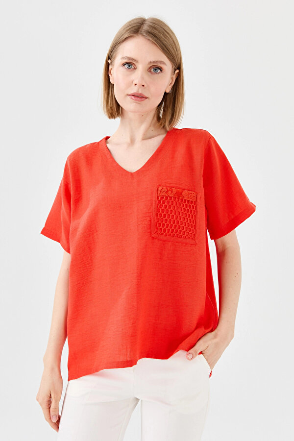 Desen Triko Kadın V Yaka Cebi File Keten T-Shirt 23775 Oranj