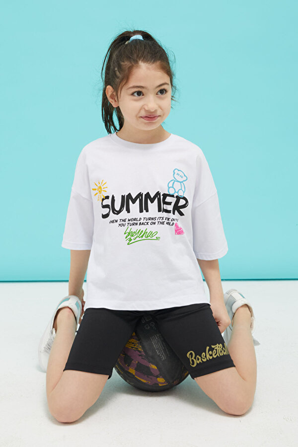 Cansın Mini Beyaz Summer Yazılı Sırtı Baskılı Oversize Kız T-shirt 15376