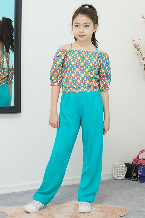 Cansın Mini Turkuaz Desenli Bluz ve Pantolonlu Kız Takım 15389