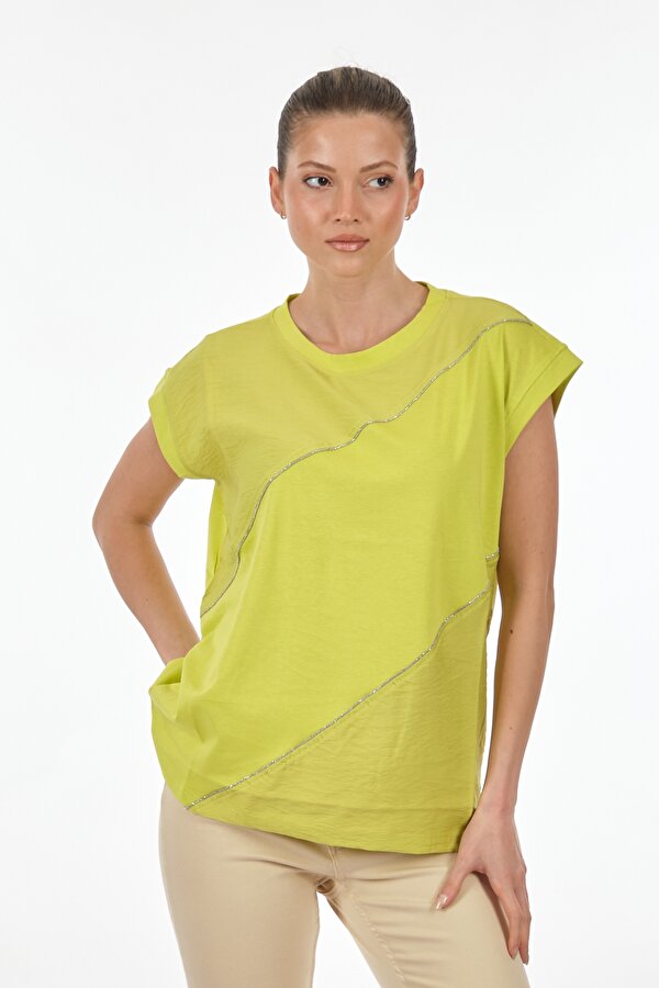 Unique Mode Yuvarlak Yaka Düşük Kol Lime Kadın T-Shirt US232032