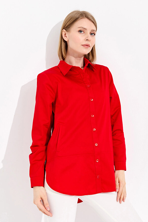 Desen Triko Kadın Cepli Saten Gömlek 23853 Kırmızı
