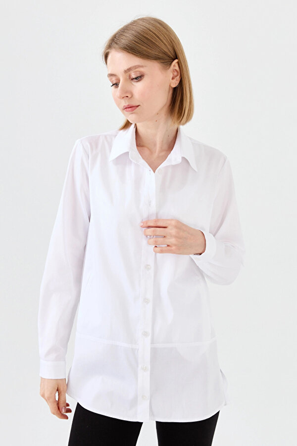 Desen Triko Kadın Cepli Saten Gömlek 23853 Beyaz