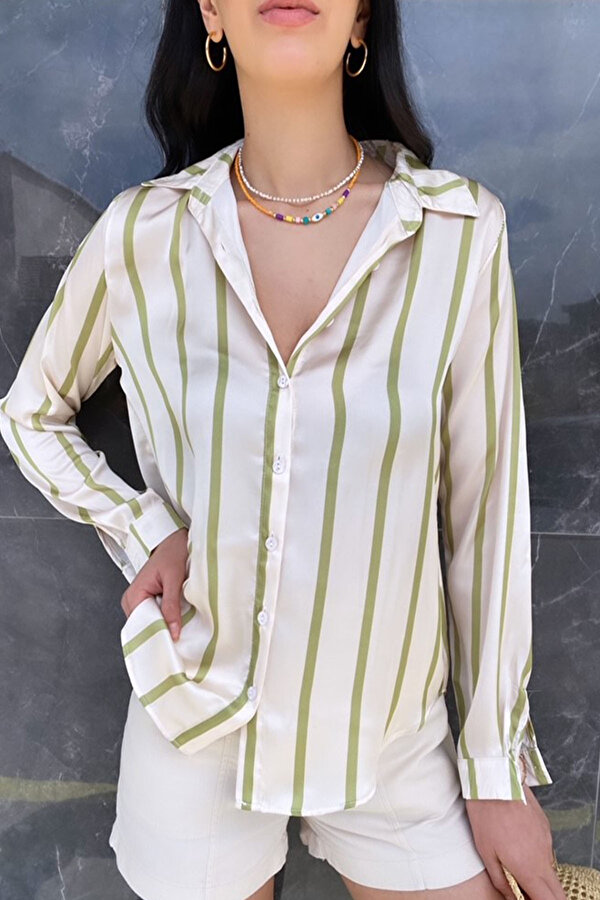 Z Giyim Kadın Yeşil Dökümlü Viskon Basic Çizgili Saten Gömlek