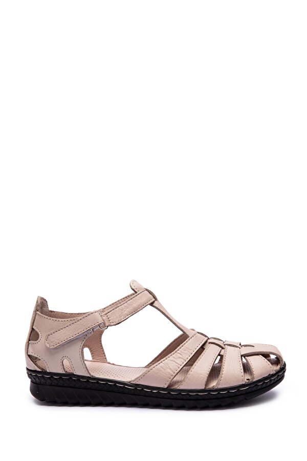 Bellacomfort Shoes Hakiki Deri Yumuşak Kapalı Burunlu Anatomik Kadın Vizon Sandalet Ayakkabı-H0A88