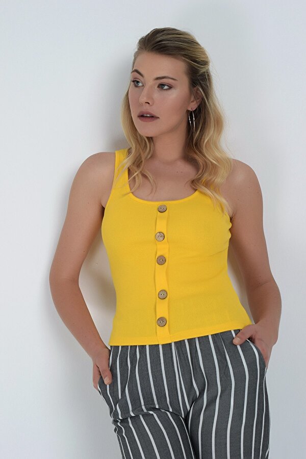 Miss Lusi 9151534 Kaşkorse Önü Düğmeli Kolsuz Bluz SARI