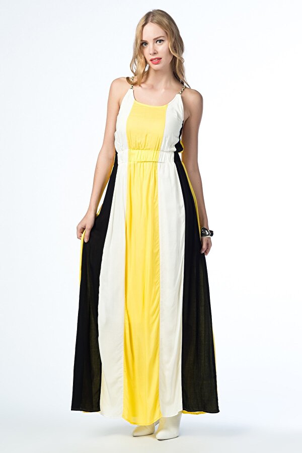 Miss Lusi D03D0020 boyuna çizgili elbise SIYAH-EKRU-SARI