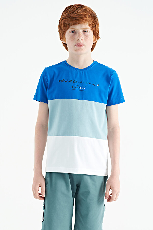 TOMMYLIFE Beyaz Renk Bloklu O Yaka Baskı Detaylı Standart Kalıp Erkek Çocuk T-Shirt - 11135