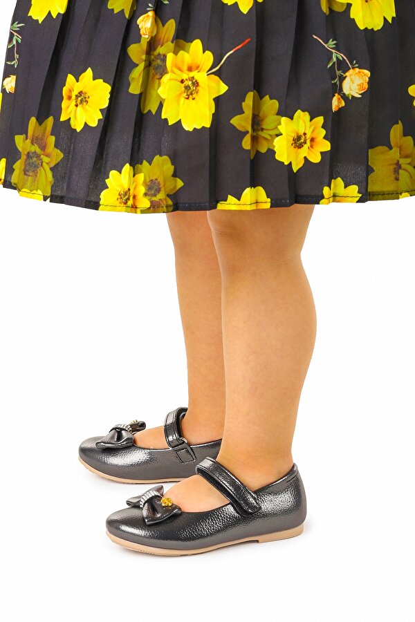 Kiko Kids Cırtlı Fiyonklu Kız Çocuk Babet Ayakkabı Ege 201 Vakko Platin
