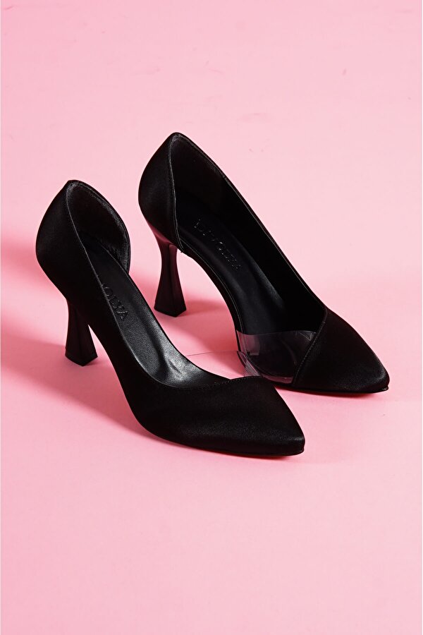 Divolya Violet Siyah Saten Burnu Şeffaf Detaylı Günlük Kullanım Stiletto