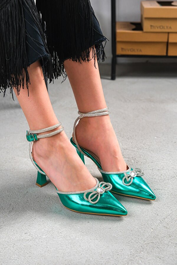 Divolya Tango Yeşil Bilekten Bağlamalı Taşlı Topuklu Ayakkabı