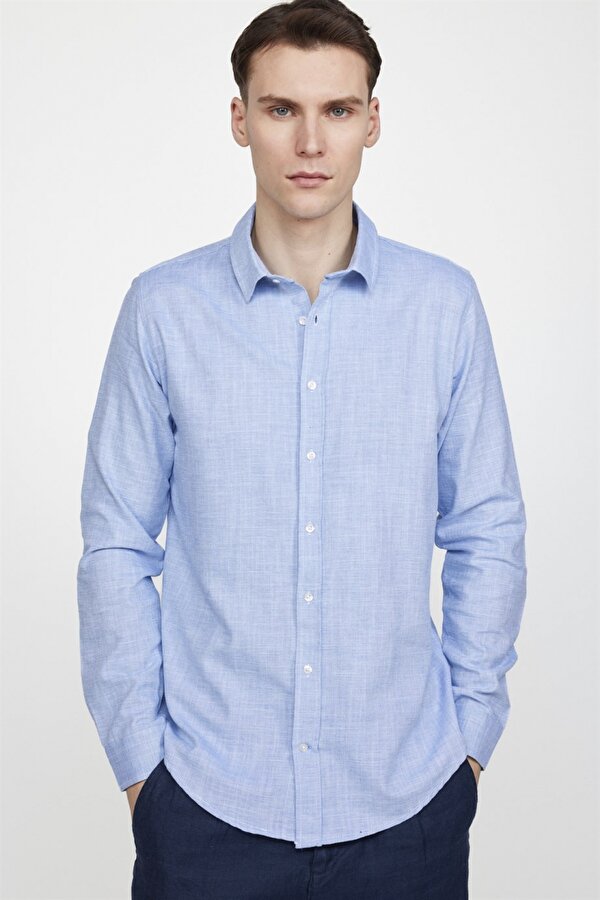Tudors Slim Fit Uzun Kol Keten Efekt Düz Biyeli Mavi Gömlek
