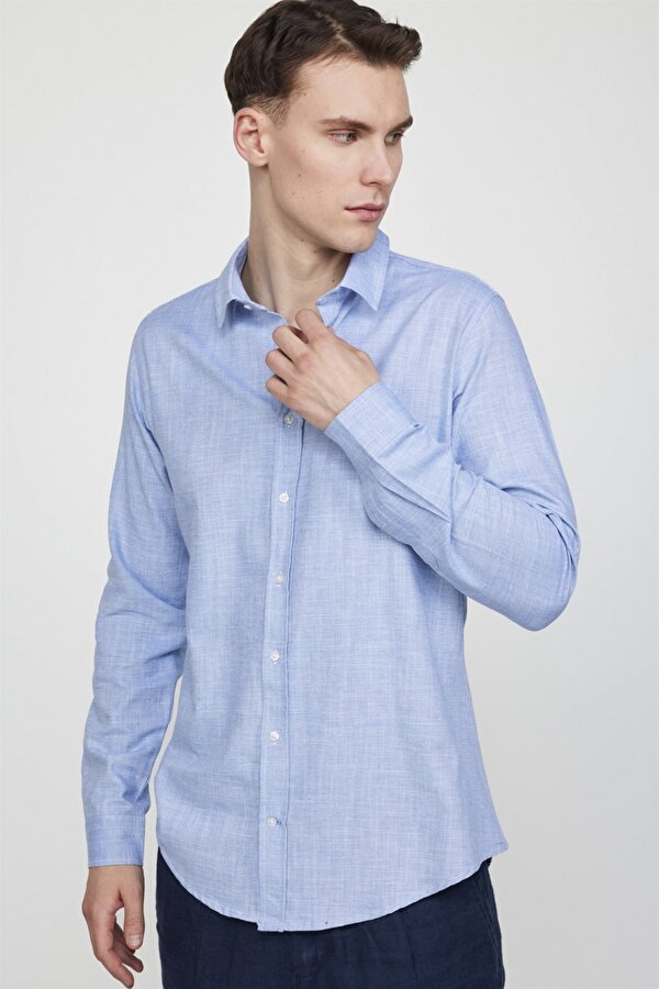Tudors Slim Fit Uzun Kol Keten Efekt Düz Biyeli Mavi Gömlek