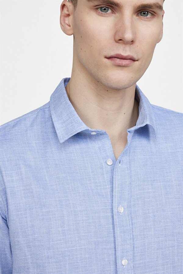 Tudors Slim Fit Uzun Kol Keten Efekt Düz Biyeli Mavi Gömlek