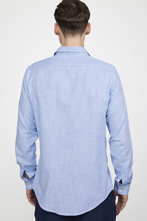Tudors Slim Fit Uzun Kol Keten Efekt Düz Biyeli Mavi Gömlek