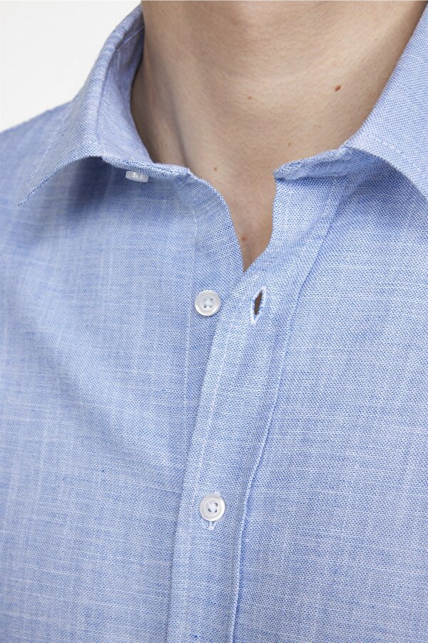 Tudors Slim Fit Uzun Kol Keten Efekt Düz Biyeli Mavi Gömlek