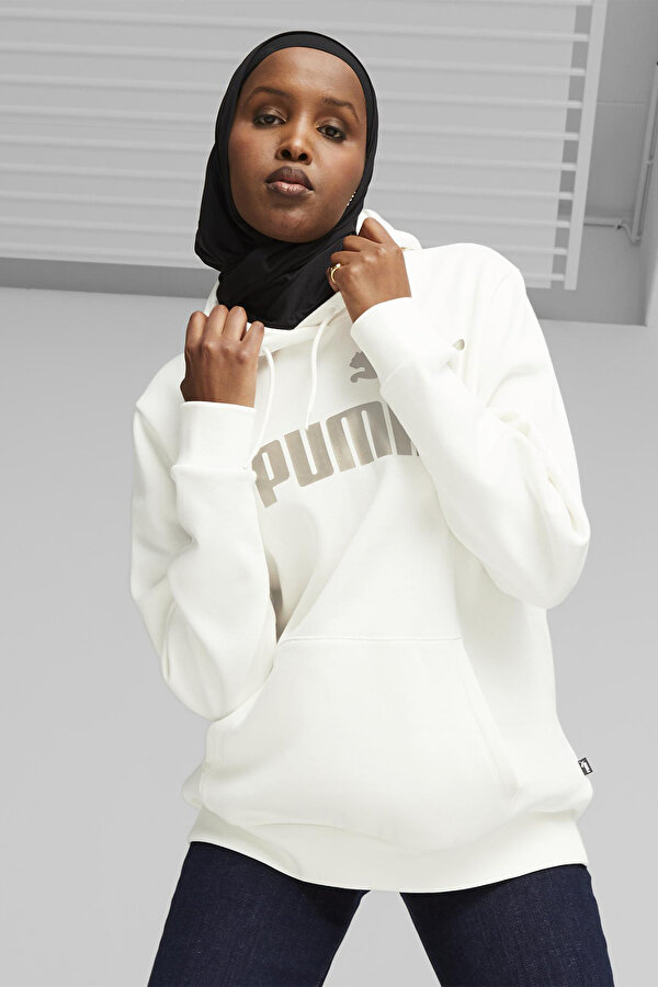 Puma ESS+ Metallic Logo Hoodie Beyaz Kadın Sweatshirt