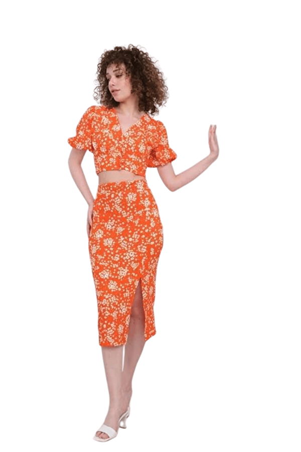 Flo Kadın Orange Önü Düğmeli Yırtmaçlı Etek Takım