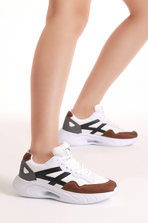 Tonny Black Kadın Beyaz Kahve Faylon Taban Şeritli Bağcıklı Spor Ayakkabı