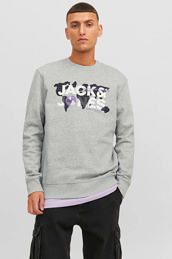 Jack & Jones Erkek Printed Bisiklet Yaka Sweatshirt 12240211 Açık Gri