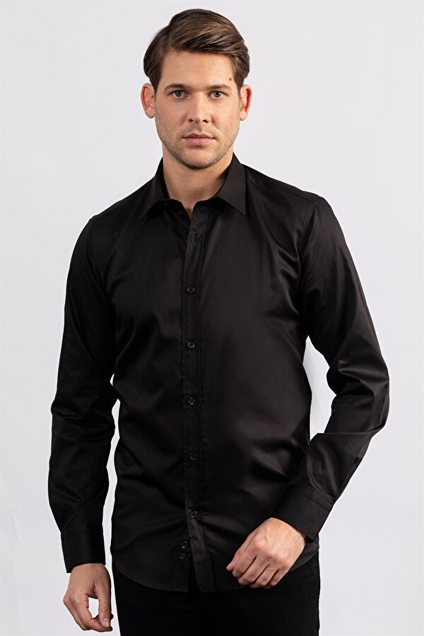Tudors Modern Slim Fit Pamuk Saten Premium Seri Erkek Siyah Gömlek
