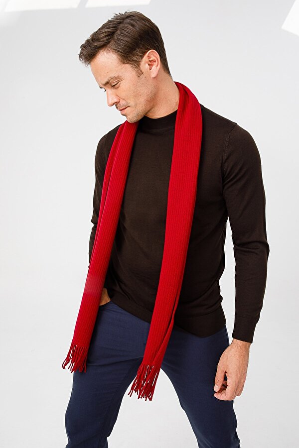 Desen Triko Erkek Düz Yün Kaşkol 22527 Vişne