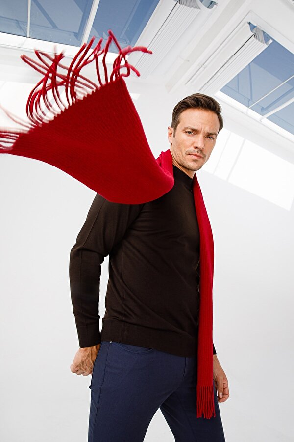 Desen Triko Erkek Düz Yün Kaşkol 22527 Vişne