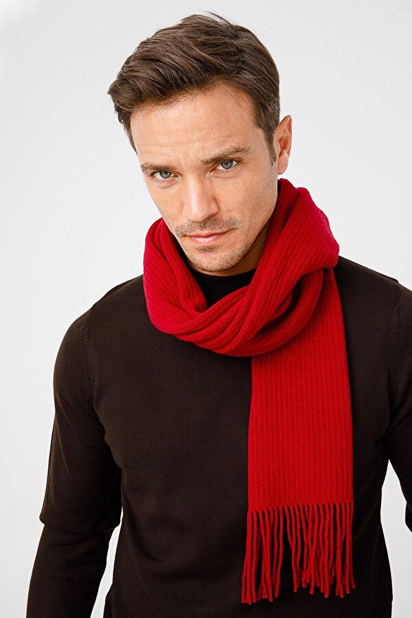 Desen Triko Erkek Düz Yün Kaşkol 22527 Vişne