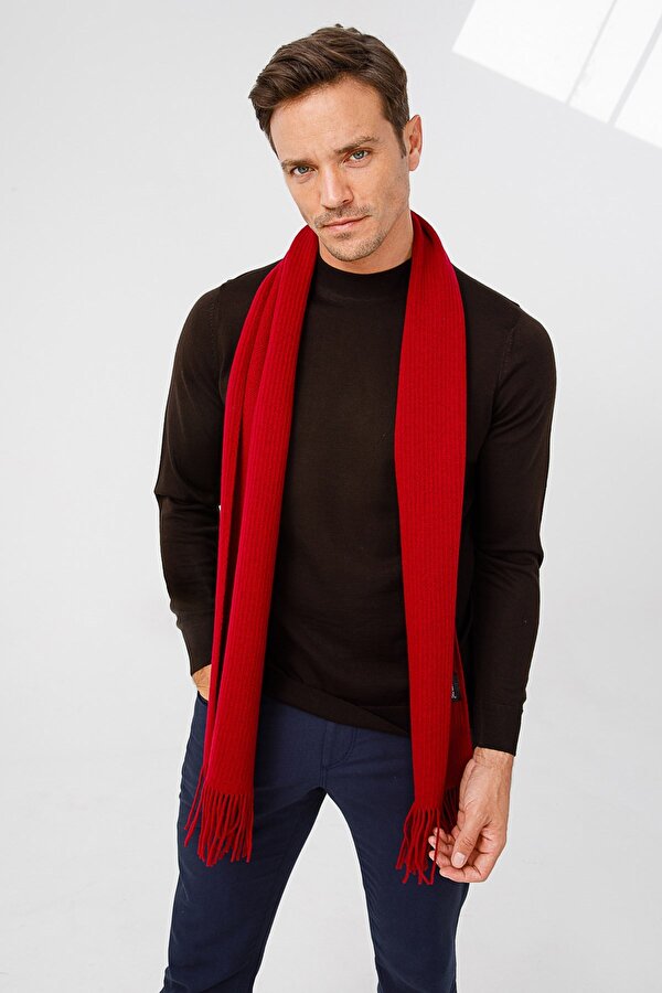 Desen Triko Erkek Düz Yün Kaşkol 22527 Vişne