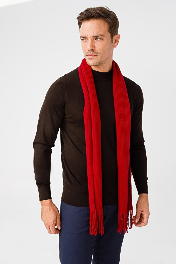 Desen Triko Erkek Düz Yün Kaşkol 22527 Vişne