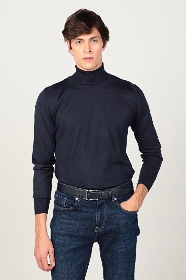 Tudors Slim Fit Dar Kesim Tam Boğazlı Yaka Düz Yün Erkek Kazak