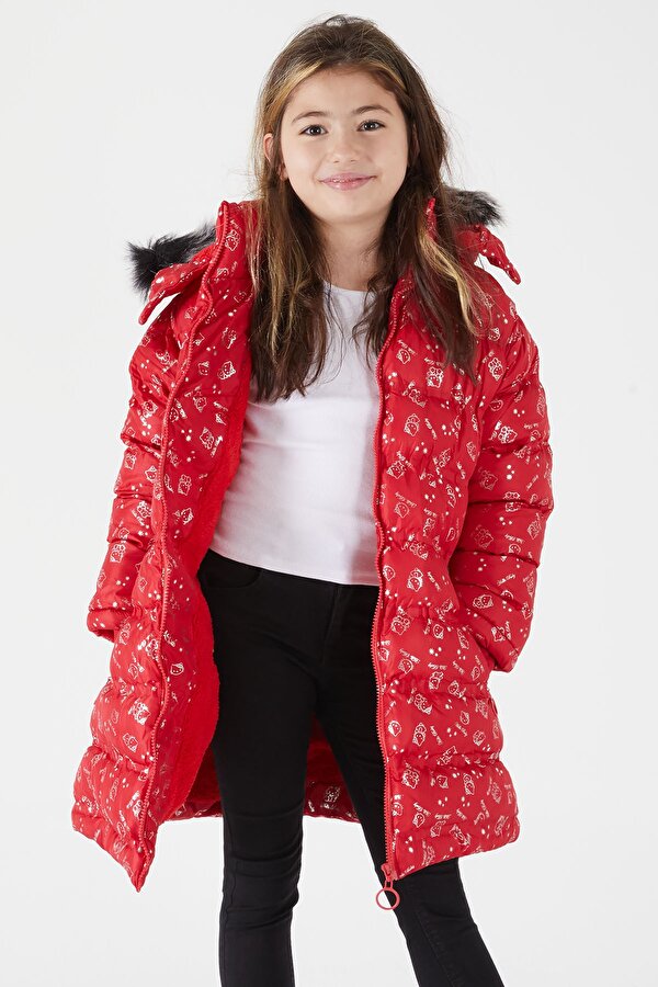 Cansın Mini Kız Çocuk Karakter Baskılı Şişme Mont Kırmızı 15549