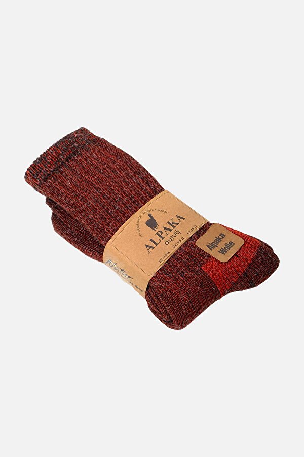 Aytuğ Unisex Alpaka Yünü Havlu Kışlık Kahve/Kırmızı Soket Çorap - A-6006