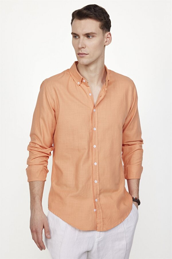 Tudors Slim Fit Uzun Kol Biyeli Yaka Düğmeli Keten Erkek Turuncu Gömlek