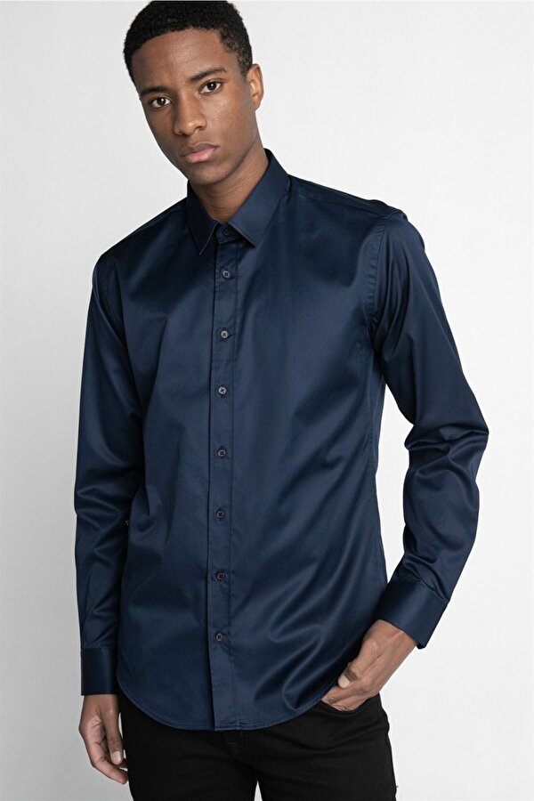 Tudors Modern Fit %100 Cotton Armürlü Premium Seri Erkek Lacivert Gömlek