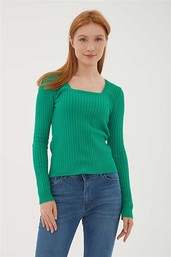 Fashion Friends Kadın Kare Yaka Saç Örgülü Kazak 23K0405K1 Yeşil