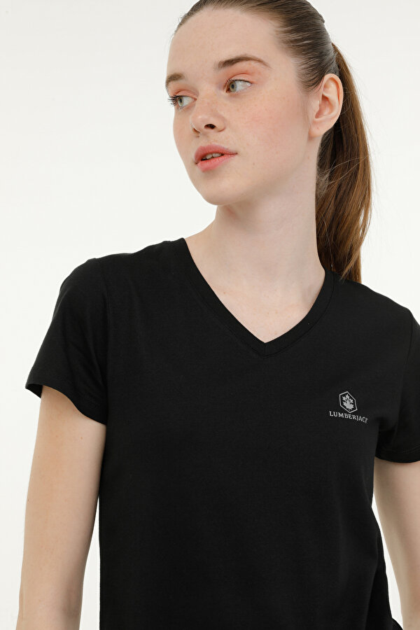 Lumberjack W-CT132 BASIC MODAL V NEC Siyah Kadın Kısa Kol T-Shirt