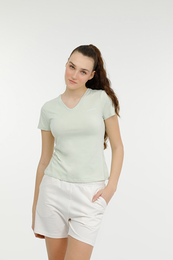Lumberjack W-CT132 BASIC MODAL V NEC PASTEL YESIL Kadın Kısa Kol T-Shirt