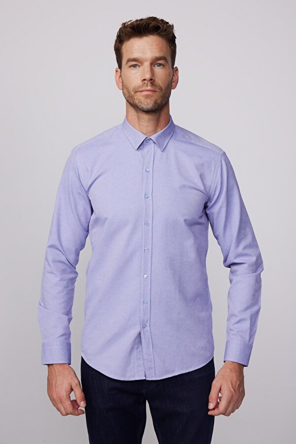 Tudors Modern Slim Fit Pamuklu Kolay Ütü Armürlü Mavi Erkek Gömlek