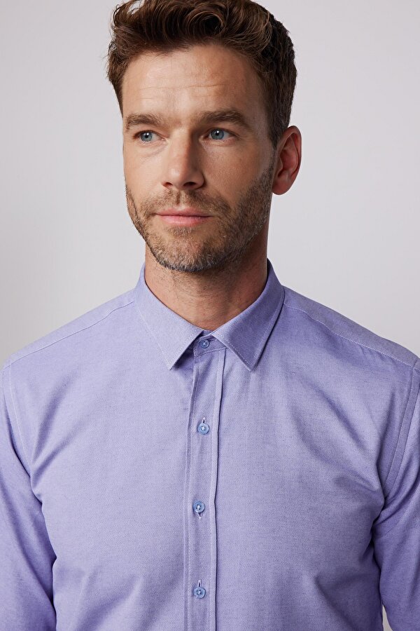 Tudors Modern Slim Fit Pamuklu Kolay Ütü Armürlü Mavi Erkek Gömlek